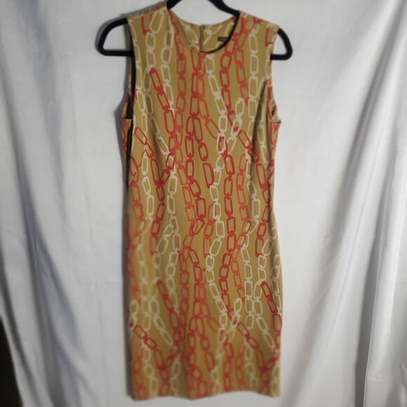 J. McLaughlin Sleeveless Dress Size M Tan Red Chain Print Stretch Sheath 40" - Picture 1 of 9